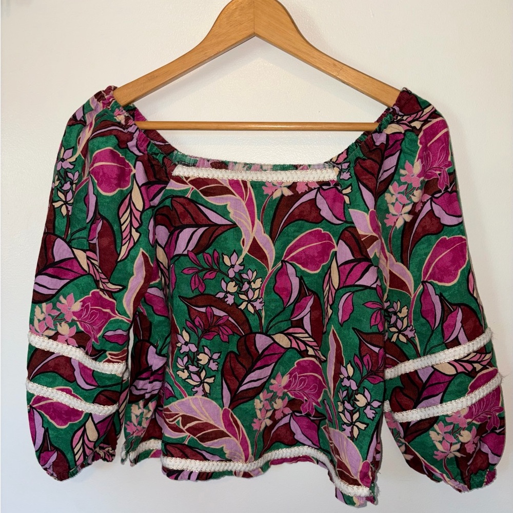 Cynthia Rowley Floral Off-Shoulder Peasant Top in Green and Pink